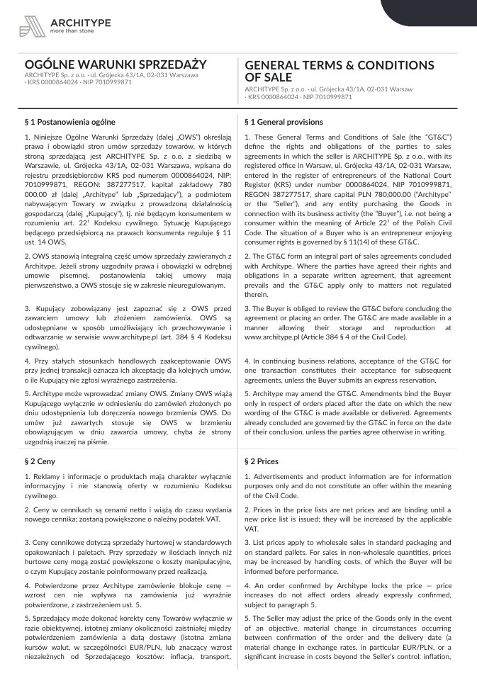 ARCHITYPE. Condiții Generale de Vânzare